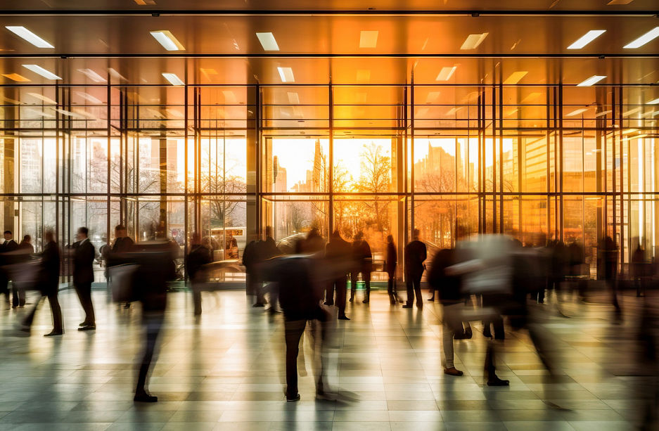 Long exposure shot of crowd of business people walking in bright office lobby fast moving with blurry